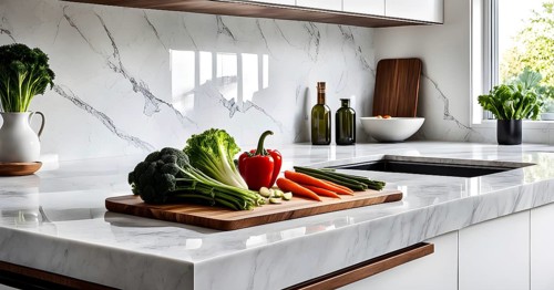 Minimalist kitchen with sleek, white cabinetry and a marble countertop, featuring a single wooden