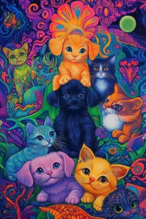 Puppies dogs and cats in a colorful flower setting, AI generated