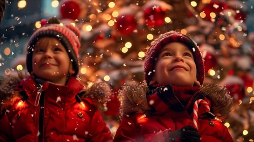 Warmly dressed happy children outside in the evening enjoying the christmas decorations in their