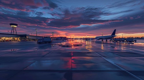 Aerial view international airport terminal, planes departing to multiple international locations.,