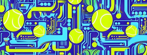 Vibrant mix of abstract circuitry intertwined with tennis balls, representing AI role in