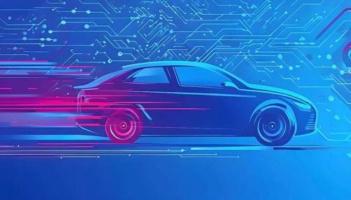 Sport car silhouette with vibrant blue and magenta dynamic lines showing motion, surrounded by data