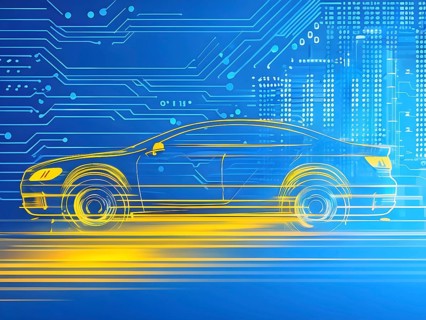 Sport car silhouette with vibrant blue and yellow dynamic lines showing motion, surrounded by data