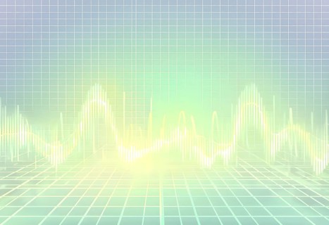 Glowing digital wave forms fluctuating in sync with a pulsating grid background, representing the