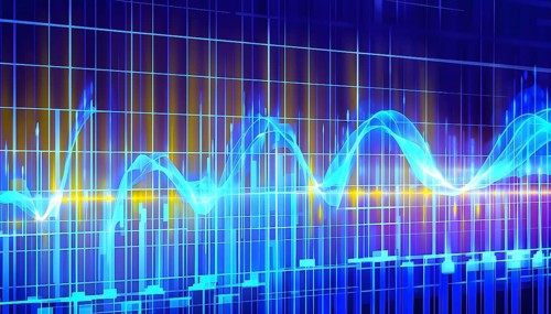 Glowing digital wave forms fluctuating in sync with a pulsating grid background, representing the