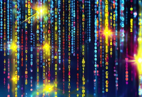 Binary code cascading down like digital rain, representing data insights, vibrant hues, AI