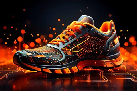 Running shoe, breaking into pixels and data points, morphing into a network of neural nodes,