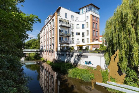 Former Jannsen hosiery factory, industrial architecture, converted into an apartment block on the