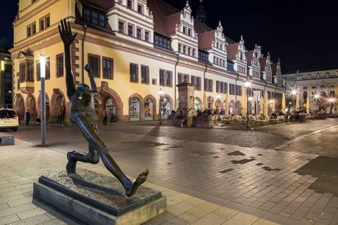 Old Town Hall at night, view from the Naschmarkt, Leipzig, Saxony, Germany, Europe