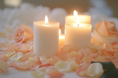 Three burning candles surrounded by rose flower petals on romantic Valentine's day table.