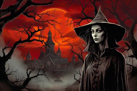 Year 60s and 70s poster with a witch celebrating Halloween under full moon in a forest, AI