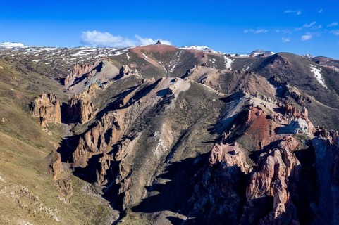 Colorful rock formations in the Valle Lunar, section of the Jeinimeni National Park, Patagonia,