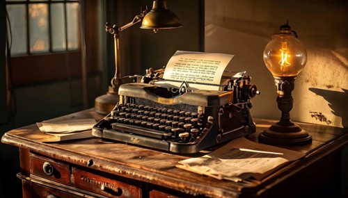 Antique typewriter sitting on a weathered wooden desk, with crumpled papers scattered around, AI