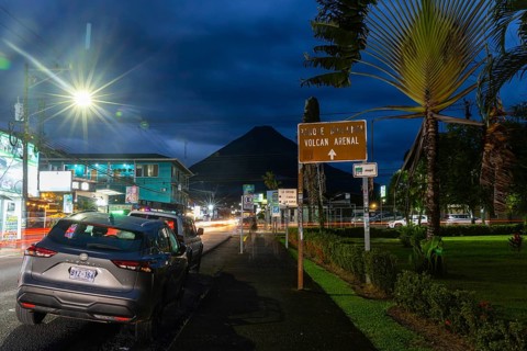 Road with view of the Arenal Volcano, Blue Hour, La Fortuna, Guanacaste, Costa Rica, Central