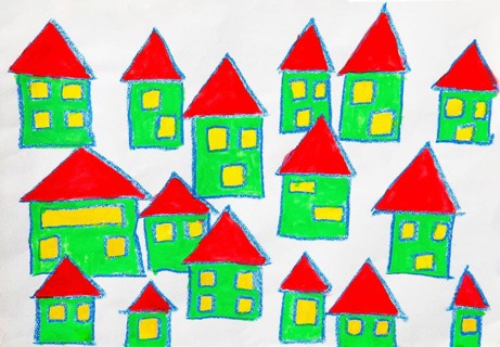 Naive illustration, children's drawing, houses