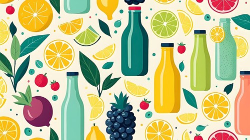 Abstract wallpaper of smoothie surrounded by an assortment of fruits and vegetables, AI generated