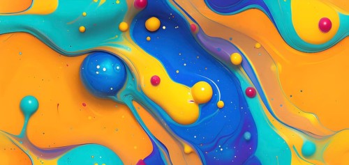 Abstract wallpaper with colorful turquoise and yellow blobs and liquid shapes on a orange