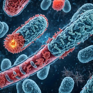 Three dimensional render of a tuberculosis bacteria in an organism, AI generated