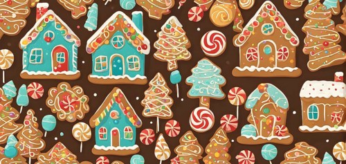 Abstract wallpaper illustration of of gingerbread house decoration, AI generated