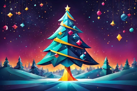 Abstract Christmas tree illustration with vibrant colors and geometric shapes, AI generated