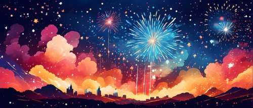 Wallpaper illustration of an explosion of vibrant fireworks colors in a night sky, symbol for happy