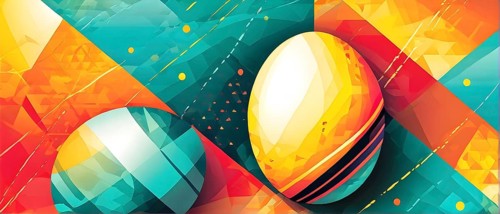 Abstract Easter egg design with geometric patterns, bold colors, and a mix of textures, creating a