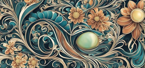 A whimsical abstract pattern with intertwined ribbons, eggs, and floral motifs, with a mix of sharp
