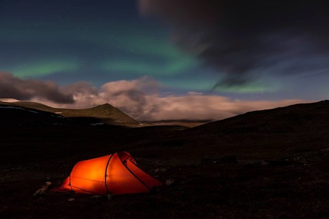 Tent in mountain landscape, Sarek National Park, World Heritage Laponia, Norrbotten, Lapland,