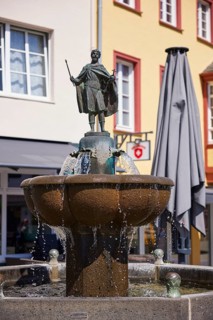 Knjazen Svatopluk I on the Zwentibold fountain with water flowing down in Bad Münstereifel, Eifel,
