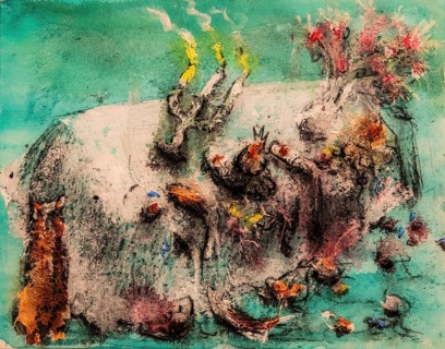 The overturning table, 2022, mixed media on canvas, exhibition Miquel Barcelo, Vida y Muerte,