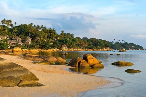 Sandy beach beach with boulders in the evening light, Koh Samui, Thailand, Asia