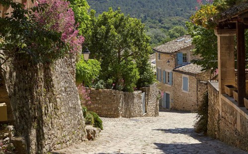 Steep cobbled street with walls and houses made of natural stone with a wooded hillside in the
