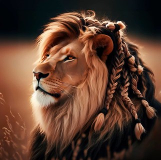 A maned lion with rasta braids as a hairstyle, AI generated, AI generated