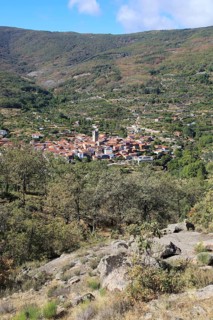 Looking down on rooftops of nucleated village Garganta la Olla, La Vera, Extremadura, Spain, Europe