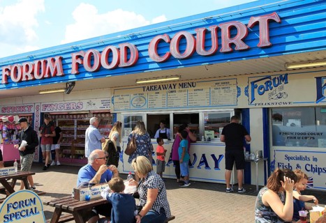 Seaside Forum Food Court takeaway food businesses, seafront at Felixstowe, Suffolk, England, UK