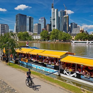 City view with boathouse Mrs Rauscher on the Main and banking district, Mainpromenade, Frankfurt am