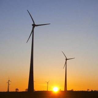 Wind turbines at sunrise, Wevelsburg wind farm, Büren, Paderborn plateau, North Rhine-Westphalia,
