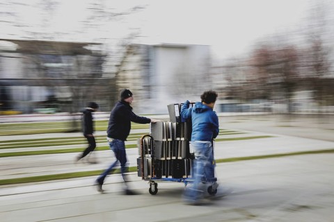 Files are cleared away after a protest action by the German Confederation of Skilled Crafts in