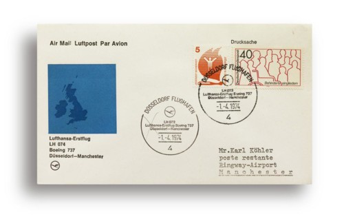 First flight letter, first flight cover, Lufthansa first flight LH074 with Boeing 737 from