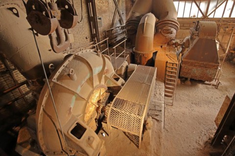 Blower in the sintering plant, interior view, machine, pipework, pulley block with hook, UNESCO