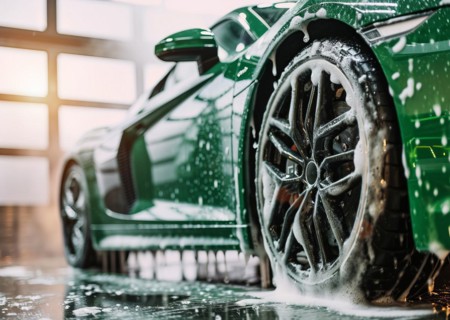 Carwash detailing, polishing and cleaning in automotive service maintenance station, AI generated