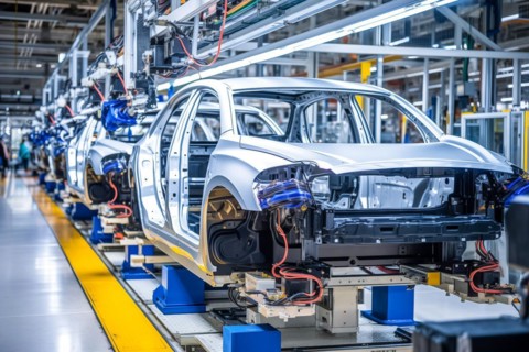 Car factory conveyor belt assemblance line production with robots and artificial intelligence, AI