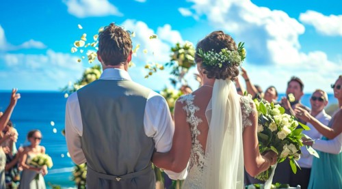 Outdoors luxury wedding and honeymoon time with bride and groom on the scenic beach ceremony, AI