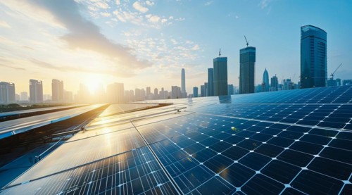 Solar panels installed in the city residential area to produce clean eco sustainable energy, AI