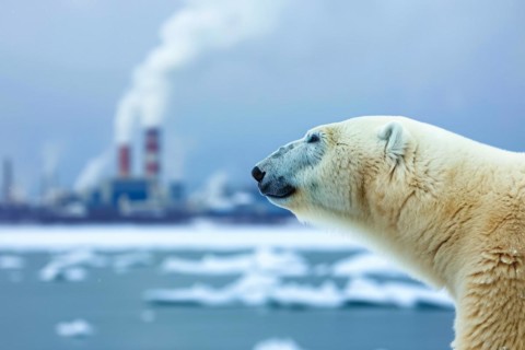 Climate change, global warming and environmental pollution. Polar bear animal extinction, AI