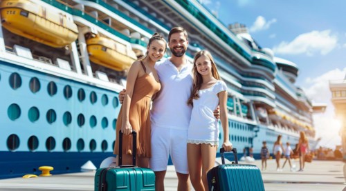 A family of four is posing for a picture in front of a cruise ship before going on vacation. They