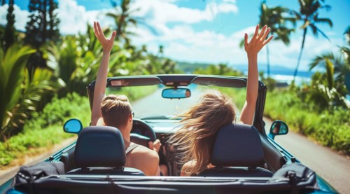 Couple enjoying vacation in rental car. Scenic ocean drive in Caribbean in convertible vehicle, AI