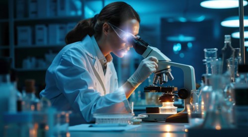 Scientist in lab medicine research looking into microscope to identify viruses and blood samples,