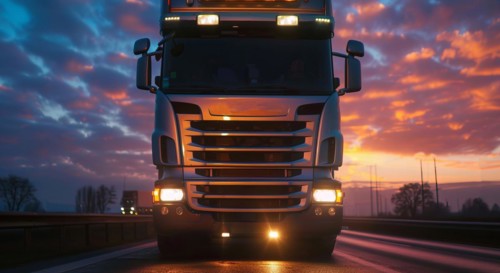 Long haul container truck carrying commercial cargo delivery, Close-up and low-angle, AI generated