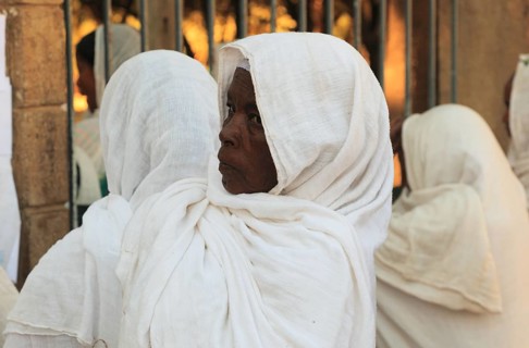 Tigray region, city of Axum, Aksum, believers, pilgrims in front of the church, Ethiopia, Africa